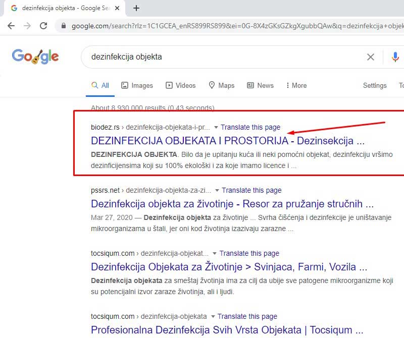 SEO optimizacija dezinfekcija objekta