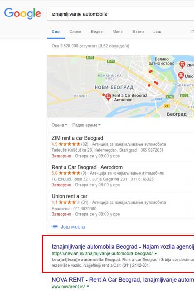 SEO optimizacija iznajmljivanje automobila
